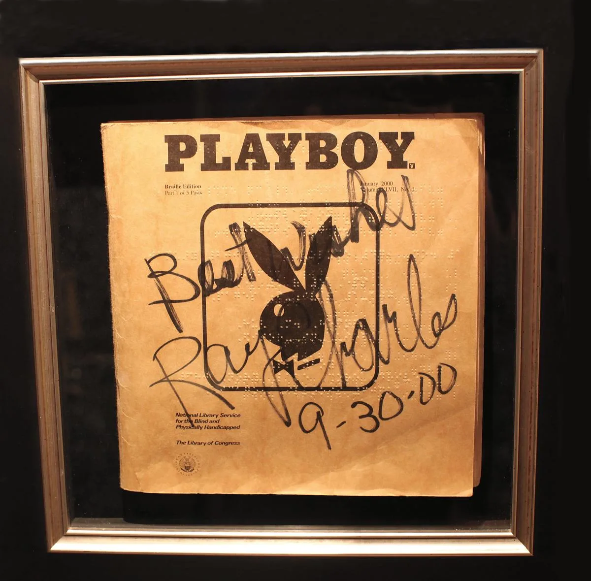 1970 - The first Braille edition of Playboy is provided by the Library of Congress to 45 regional libraries across the country. (Image: Playboy Braille Edition signed by Ray Charles, by Lisa Hancock/FilmMagic.)
