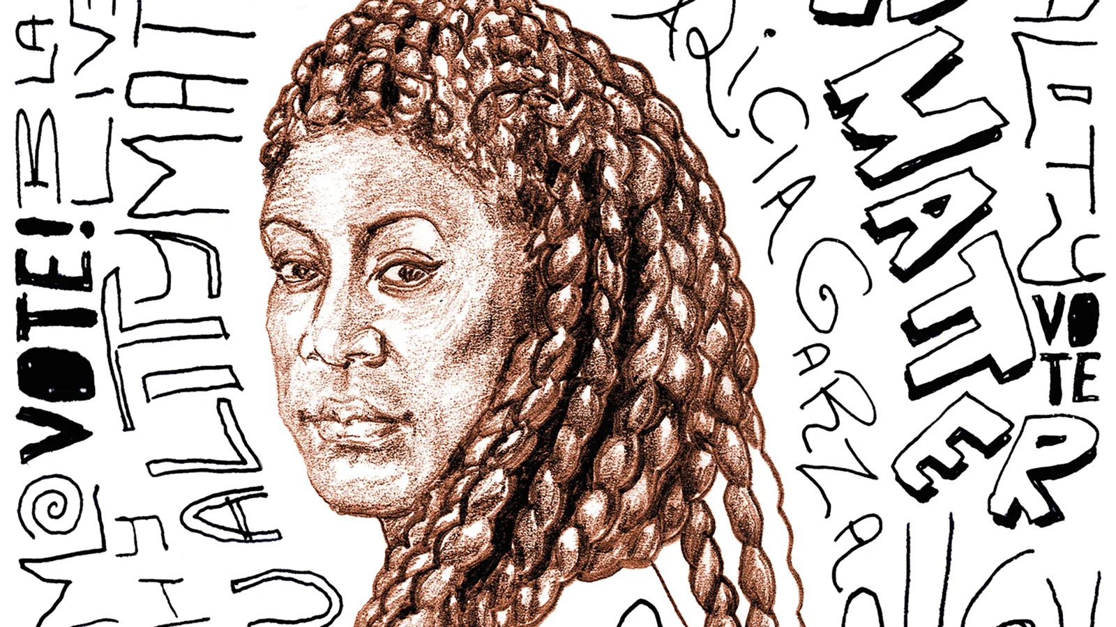 2020 - Aliza Garza, co-founder of Black Lives Matter and voting rights activist, curates and is featured in  the Playboy Symposium. (Illustration: George McCalman.)